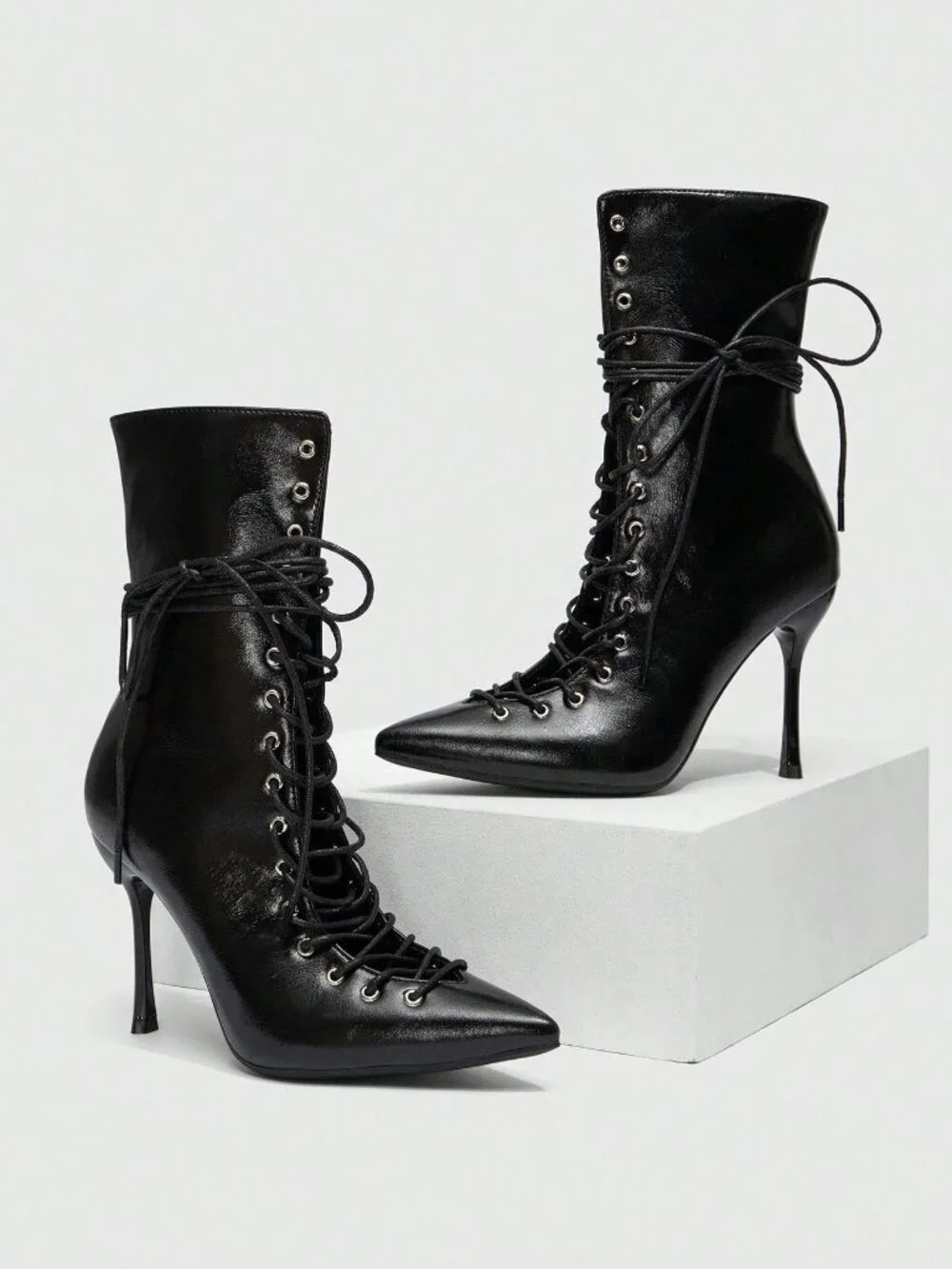 Black Sexy Women's Lace-Up High Heel Mid-Calf Boots